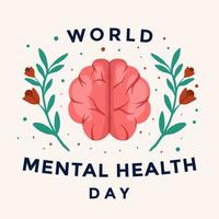 Día mundial de la salud mental con cerebro y diseño de vector de ilustración floral