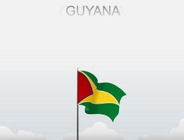 La bandera de Guyana ondea en un poste alto bajo el cielo blanco. vector