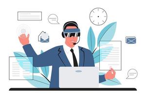 Business of the future. A young man works in vr-glasses at a laptop on an interactive panel with virtual documents. Technology flat vector illustration