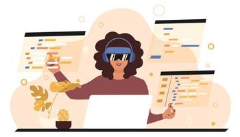 A female programmer is sitting at a table wearing VR-glasses and writing software code. Future technologies for freelancers. Flat vector illustration