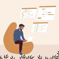 Young hipster man works at a laptop writes program code. Programmer or learning IT. Flat vector illustration