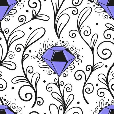 Seamless pattern with crystals and decorative foliage elements. Flat vector background