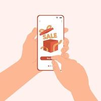 Male hands are holding a mobile phone with a gift coupon. Holiday sale online shopping. Flat vector illustration