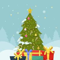 Christmas Tree with Gift and Snowy Background vector