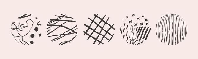 Vector hand drawn set with round isolated abstract black patterns or backgrounds. Various doodle shapes for highlight covers, posters, social media Icons templates.