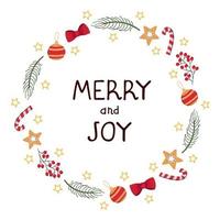 Vector christmas wreath template with lettering Merry ang Joy. Hand draw frame. Use as invitation, greeting card, poster, banner, Social Media design post, placard, brochure and other graphic design