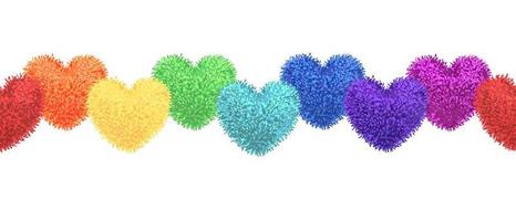 Vector colorful illustration of decortive elements with rainbow colored pompoms in shape of heart garland isolated on white background. Decor for Valentines day or baby shower design. Seamless pattern