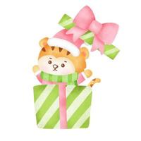 Christmas and New year greeting card with cute tiger in watercolor style . vector