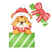 Christmas and New year greeting card with cute tiger in watercolor style . vector