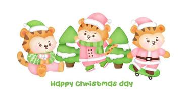 Christmas and new year greeting card with a cute tigers. vector