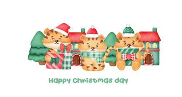 Christmas and new year greeting card with a cute tigers. vector