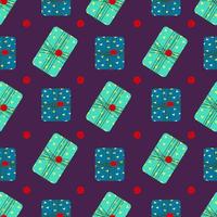 Seamless pattern with soft green and blu gift boxes. Cute holiday print. Vector hand drawn illustration.