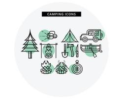 conjunto de iconos de camping, iconos de viaje de línea vector