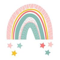 Vector illustration of cute colorful rainbow in Scandinavian style. Isolated rainbow with stars for baby and kids room poster, decoration, print for textile.