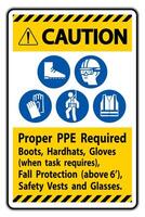 Caution Sign Proper PPE Required Boots, Hardhats, Gloves When Task Requires Fall Protection With PPE Symbols vector