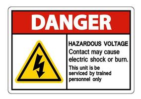 Peligro de contacto de voltaje peligroso puede causar descargas eléctricas o quemaduras signo sobre fondo blanco. vector