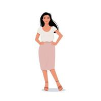 mujer joven con cabello oscuro con una falda hasta la rodilla. vector personaje femenino en estilo plano