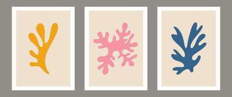 moderno conjunto contemporáneo de matisse abstracto geométrico minimalista artístico pintado a mano composición de silueta de algas. Carteles vectoriales para decoración de paredes en estilo moderno de mediados de siglo. vector