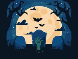 Happy Halloween graveyard background with zombie hand vector