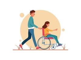 World disability day. Man and woman in wheelchair walking. Female character undergoing rehabilitation after trauma or disease. Character Illustration vector