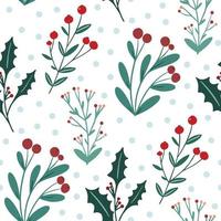 Festive winter floral seamless pattern background with holly berry, mistletoe branch and blue snow flake dots on white background. Christmas and New Year rustic backdrop design vector