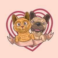 cute love kitten and puppy illustration vector
