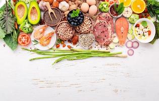 Ketogenic low carbs diet concept. Ingredients for healthy foods selection set up on white wooden background. photo