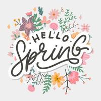 Hello Spring Flowers Text Background Frame lettering slogan vector