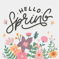 Hello Spring Flowers Text Background Frame lettering slogan vector