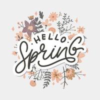 Hello Spring Flowers Text Background Frame lettering slogan vector