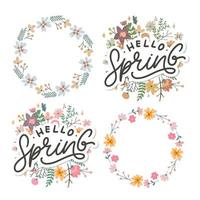 Hello Spring Flowers Text Background Frame lettering slogan vector