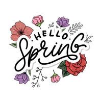 Hello Spring Flowers Text Background Frame lettering slogan vector