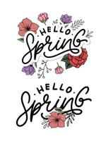 Hello Spring Flowers Text Background Frame lettering slogan vector