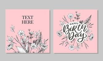 Beautiful happy birthday greeting card with flowers and bird. Vector party invitation with floral elements.