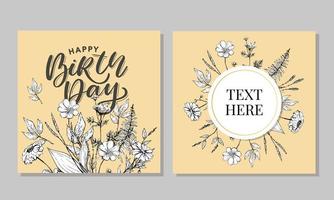 Beautiful happy birthday greeting card with flowers and bird. Vector party invitation with floral elements.