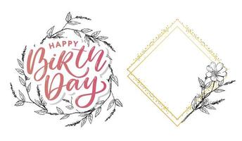 Beautiful happy birthday greeting card with flowers and bird. Vector party invitation with floral elements.