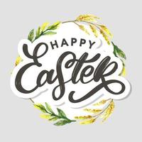 Happy Easter hand sketched logotype, badge typography icon. Lettering Happy Easter with flowers for greeting card, invitation template. Retro, vintage lettering banner poster template background vector
