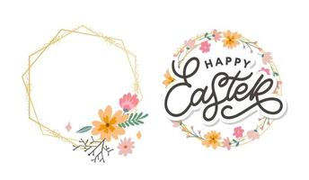 Happy Easter day background with frame flowers vector