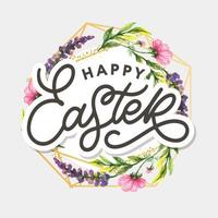 Happy Easter hand sketched logotype, badge typography icon. Lettering Happy Easter with flowers for greeting card, invitation template. Retro, vintage lettering banner poster template background vector