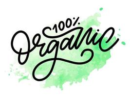 Organic brush lettering. Hand drawn word organic with green leaves. Label, logo template for organic products, healthy food markets. vector