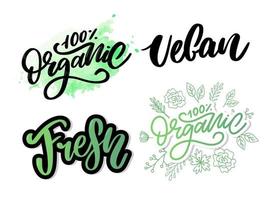 Organic set brush lettering. Hand drawn word organic with green leaves. Label, logo template for organic products, healthy food markets. vector