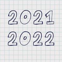 2022 2021 números hechos con vector doodle brushe. dibujado a mano tinta de año nuevo dos y número cero, figuras de boceto