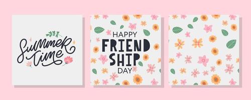 Happy Friendship Day Summer pattern flowers greeting card. For poster, flyer, banner for website template, cards, posters, logo. Vector illustration.