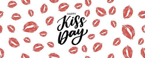 Kiss me greeting card, poster with pink hand drawn watercolor lips. Vector background with ink hand lettering.