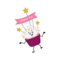 Cute cupcake character with joyful emotions, smile face, dancing, happy eyes, arms and legs. Sweet food with decorations, festive dessert vector