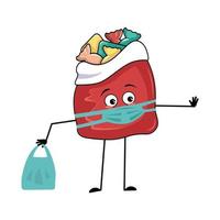 Cute red bag character with New Year gifts with sad emotions, face and mask keep distance, hands with shopping bag and stop gesture. Merry Christmas item, joyful sweet food, box with eyes vector