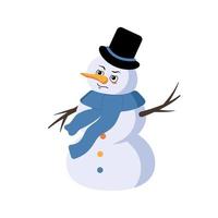 Cute Christmas snowman with emotions of a hero, a brave face, arms and legs. Joyful New Year festive decoration with courage expression vector