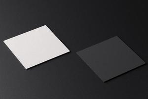 White square shape paper business card mockup on black modern fabric table background. Branding presentation template print graphic design. Two cards mock up. 3D illustration rendering photo