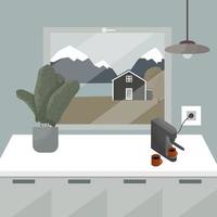 view from the kitchen window with pendant lamp, home plant, a coffee machine and cups of coffee to the mountains, river and the wooden house vector
