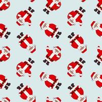 Vector seamless repeat pattern of cartoon outline Santa Clauses with and without bags of toys on the back. Santa has eyeglasses, red coat and hat and is ready for Christmas party on blue background